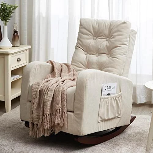 Modern Accent Rocking Chair, Button Tufted Upholstered Glider Rocker For Nursery, Comfy Armchair With Side Pocket, Lounge Chair With High Backrest For Living Room, Bedroom, Office (White Teddy) - Image 7