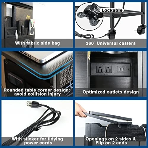 Slim Side Table With USB Ports And Outlets, Narrow End Table With Storage Shelf And Bag For Small Spaces 2 Sides Flip Top Nightstand With Charging Station Rolling Wheels For Living Room Bedroom Black - Image 3