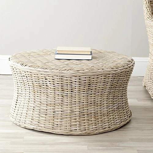 SAFAVIEH Home Collection Ruxton Black Rattan Round Coffee Table Ottoman - Image 2