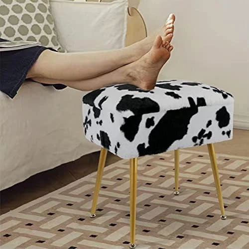 SCRIPTRACT Modern Mink Square Footstool Ottoman Bench Flower Pattern Furry Faux Fur Vanity Stool Chair With Golden Metal Leg For Vanity Entryway Bathroom Living Room Bedroom (Black Rose) - Image 13