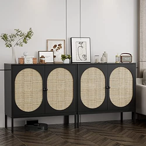 IKIFLY Set Of 2 Accent Storage Cabinet With Handmade Natural Rattan Doors - Rattan Sideboard Buffet Cabinet - Kitchen Cupboard Server Console Table For Dining Room, Bedroom, Hallway - Natural - Image 9