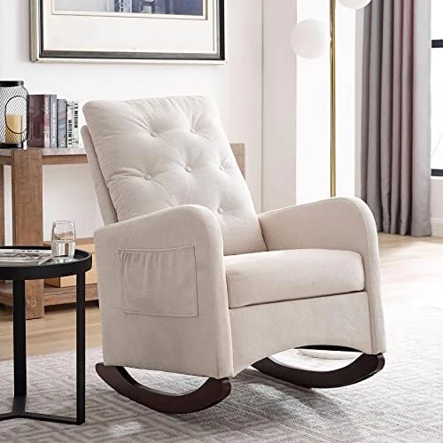 Modern Accent Rocking Chair, Button Tufted Upholstered Glider Rocker For Nursery, Comfy Armchair With Side Pocket, Lounge Chair With High Backrest For Living Room, Bedroom, Office (White Teddy) - Image 11
