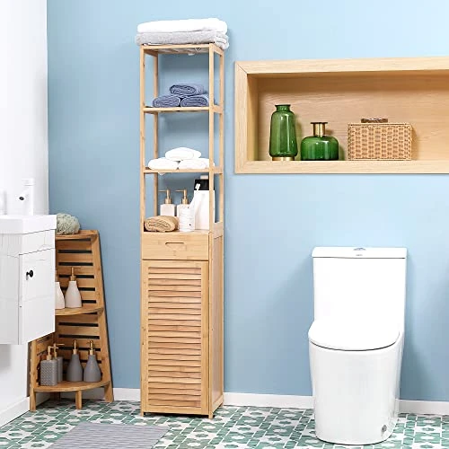 Kleankin Tall Bathroom Cabinet With Drawer And Slatted Shelves, Tall Slim Bamboo Linen Tower Freestanding Linen Towel With Louvered Door, Natural - Image 6