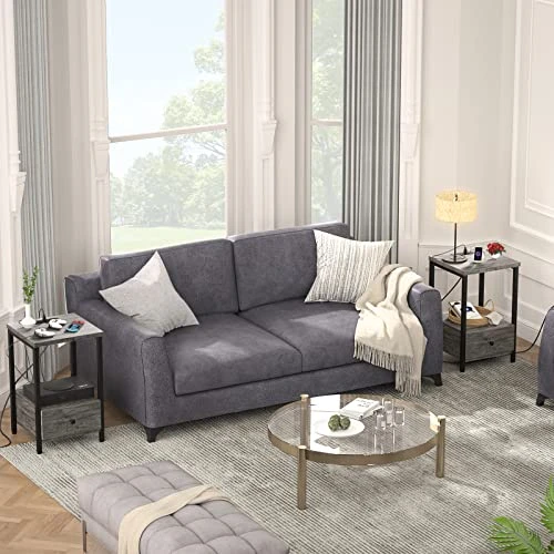 Ecoprsio Nightstands Set Of 2 With Charging Station, Modern Night Stand Bedside Table With Storage Drawer And Shelf, End Side Table With USB Ports & Power Outlets For Bedroom Living Room, Grey Oak - Image 5