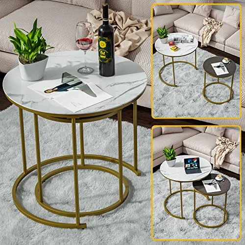 Moncot Modern Nesting Round Coffee Tables Set Of 2 Tempered Glass Faux Marble Finished Texture & Dark Gray Finish Top Waterproof Outdoor And Indoor Nested End Tables, Stacking Table, ET219AB-WG - Image 2