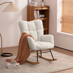 KINFFICT Teddy Velvet Rocking Accent Chair, Uplostered Glider Rocker Armchair For Nursery, Comfy Side Chair For Living Room, Bedroom (Beige+Teddy Fabric)