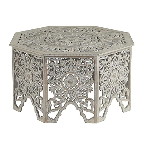 Deco 79 Wood Floral Handmade Intricately Carved Coffee Table With Hollow Interior, 33" X 33" X 18", Light Gray - Image 2