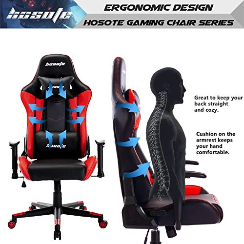 Hosote Ergonomic Gaming Chair For Adults, High Back Racing Computer Gaming Chair, E-Sports Gamer Chair, Big And Tall Video Gaming Chair, PU Leather Desk Chair Task Chair Office Chair(Red,Black) - Image 4