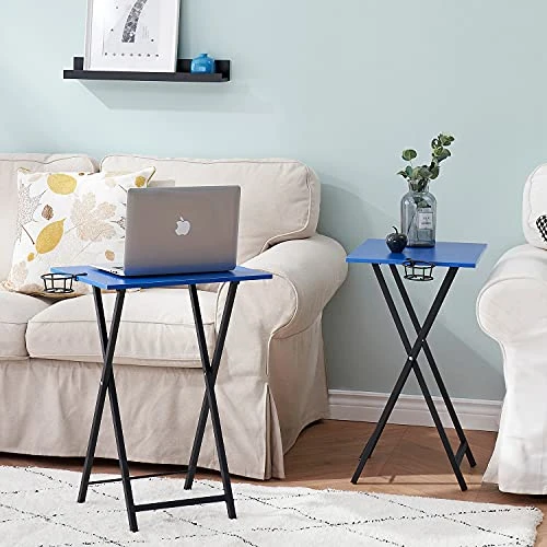 VECELO Folding TV Trays Set Of 2, Snack Eating Tables With Cup Holder, Suitable For Couch, Kitchen, Living Room And Bedroom, Stable Metal Frame, Easy Assembly And Storage, Dark Blue - Image 3