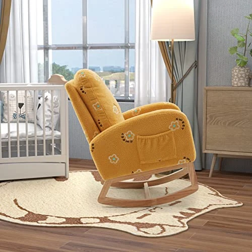 Goujxcy Modern Rocking Chair For Nursery, Mid Century Accent Rocker Armchair With Side Pocket, Upholstered High Back Wooden Rocking Chair For Living Room Baby Room Bedroom (Yellow) - Image 3