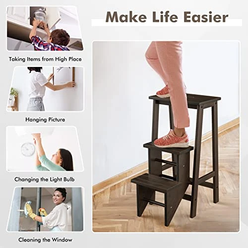 Giantex 3 Tier Folding Step Ladder, Multifunction 3-in-1 Wood Step Stool, Display Ladder And Storage Shelf For Library, Home Kitchen, Household Work, Brown - Image 5