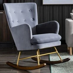 HEAH-YO Comfy Nursery Rocking Chair, Modern Glider Rocker Chair With Armrest, Upholstered Relax Velvet Lounge Chair With Thick Cushion For Living Room, Grey