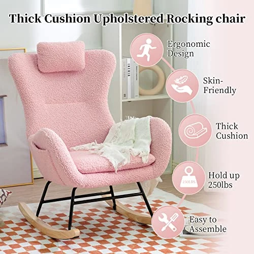 NIOIIKIT Nursery Rocking Chair, Comfy Accent Chair Padded Seat With High Backrest Armchair, Teddy Upholstered Glider Rocker Rocking For Nursery, Living Room, Bedroom (Pink) - Image 3