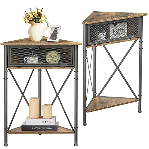 VECELO Cabinet/Table, 3-Tier Display Shelves With Protection Door, Metal Frame Storage Shelf Organizer For Small Space, Living Room, Kitchen, Bathroom, Set Of 2, Grey+Black