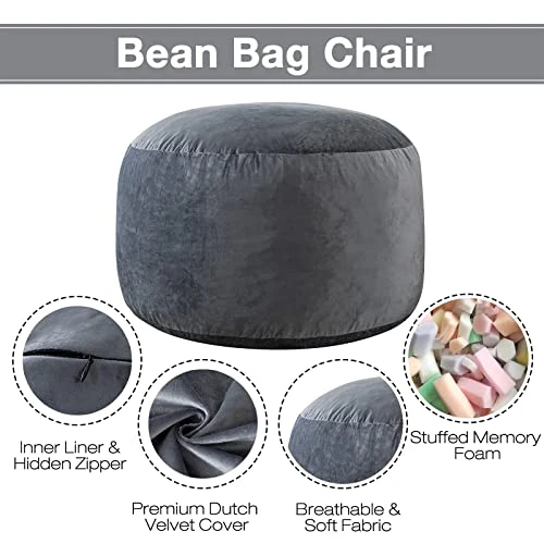 EDUJIN 4 Ft Bean Bag Chairs For Adults With Filling: 4' Large Memory Foam Filled Bean Bag Chairs For Teens,Ultra Soft Dutch Velvet Cover,Round Fluffy Lazy Sofa For Living Room - 4 Foot,Dark Gray - Image 2