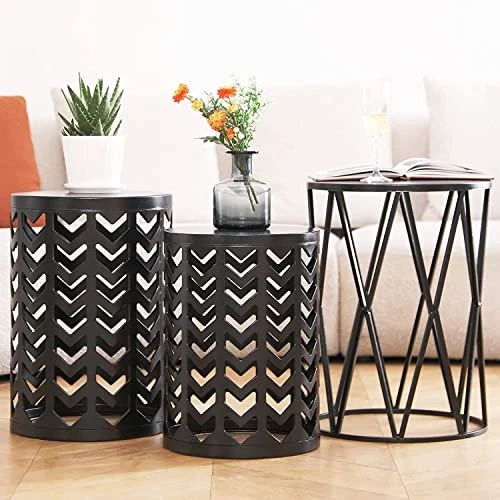 Y&M Set Of 3 Nesting Metal Round Coffee Table, Side Table End Table For Indoor Outdoor Multifunctional Use,Heavy Duty Metal Plant Stand Decorative Garden Stool- Black(Ship From US) - Image 2