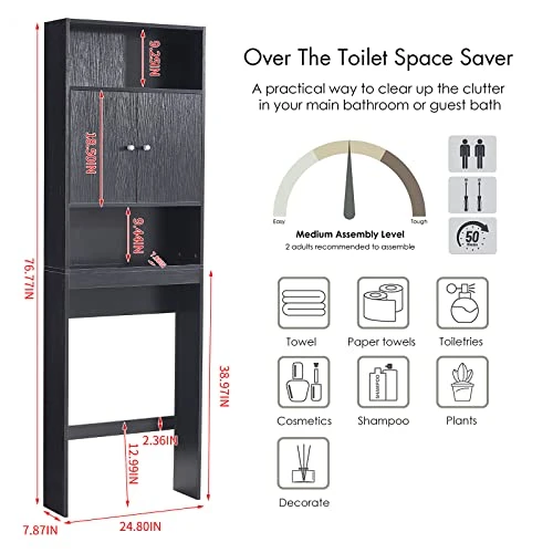 ME2 Bathroom Over The Toilet Storage Cabinet, 77'' Taller Bathroom Organizer Shelf Space-Saving Collect Cabinet With Shelves And Double Doors, Black - Image 3