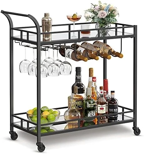 VASAGLE Bar Cart Gold, Home Bar Serving Cart, Wine Cart With 2 Mirrored Shelves, Wine Holders, Glass Holders, For Kitchen, Dining Room, Gold ULRC090A03 - Image 6