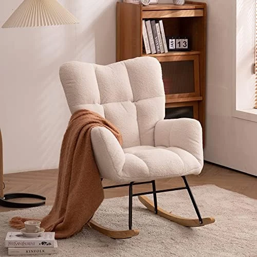 Polaris Garden Nursery Rocking Chair, Modern Teddy Fabric Nursing Chair For Mom And Baby, Accent Upholstered Rocker Glider Chair With High Backrest For Nursery Bedroom Living Room (Ivory White) - Image 6