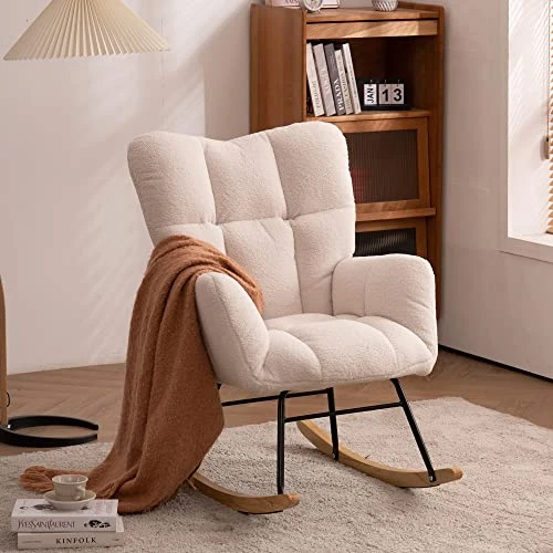 Polaris Garden Nursery Rocking Chair, Modern Teddy Fabric Nursing Chair For Mom And Baby, Accent Upholstered Rocker Glider Chair With High Backrest For Nursery Bedroom Living Room (Ivory White)