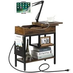 Hadulcet Side Table With Charging Station, Narrow Sofa End Table With Storage Shelf & Adjustable Stand Rustic Brown