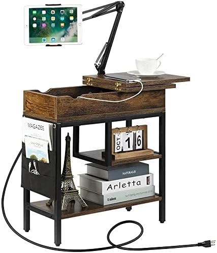 Hadulcet Side Table With Charging Station, Narrow Sofa End Table With Storage Shelf & Adjustable Stand Rustic Brown - Image 12