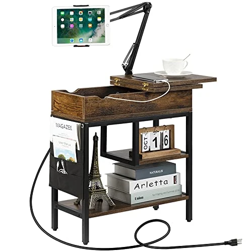 Hadulcet Side Table With Charging Station, Narrow Sofa End Table With Storage Shelf & Adjustable Stand Rustic Brown