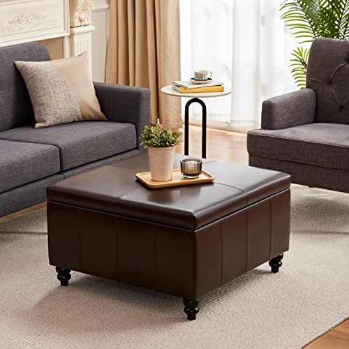 HUIMO Square Storage Ottoman,Ottoman Coffee Table With Storage,Oversized Ottoman,Tufted Storage Ottoman For Living Room (Brown) - Image 2