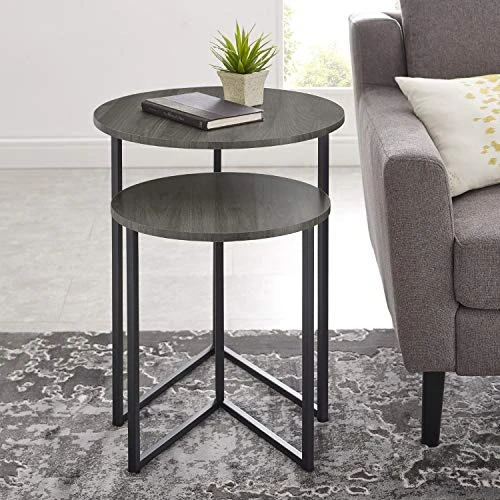 Walker Edison Modern Round Metal Base Nesting Set Side Accent Table Living Room Storage Small End Table, Set Of 2, Slate Grey - Image 2
