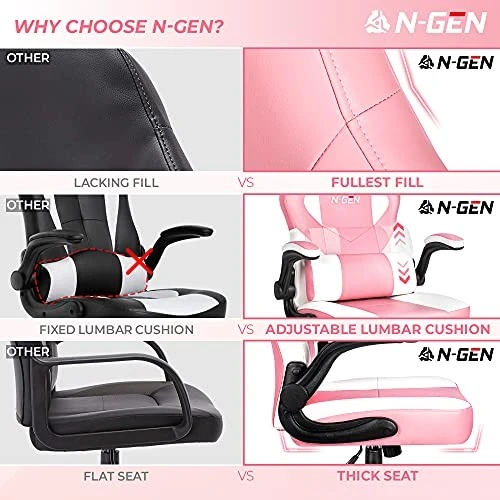 N-GEN Gaming Chair Ergonomic Office Chair PC Desk Chair With Lumbar Support Flip Up Arms Levelled Seat Style Headrest PU Leather Executive High Back Computer Chair For Adults Women Men (4. Peach Pink) - Image 6