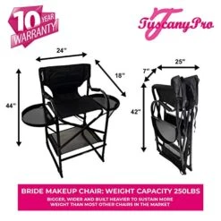Tuscany Pro Bridal Tall Heavy Duty Director Chair With Mini Ring LED Light - Perfect For Wedding Makeup For Bride - Italian Design With Adjustable Seat Height - Carry Bag Included