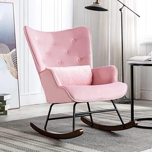 YOUTHUP Velvet Rocking Chair Indoor Mid-Century Modern Tufted Winback Rocker Chair With Solid Wood Base Comfy Tall Back Glider Rock Armchair For Living Room, Nursery, Balcony, Green - Image 9