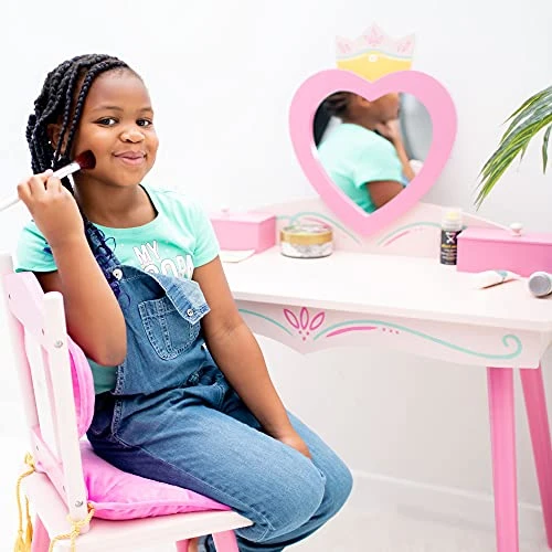 Wildkin Kids Princess Wooden Vanity And Chair Set For Girls, Vanity Features Mirror And Attached Jewelry Box And Music Box, Includes Matching Chair With Removable Backrest And Seat Cushion (Pink) - Image 5