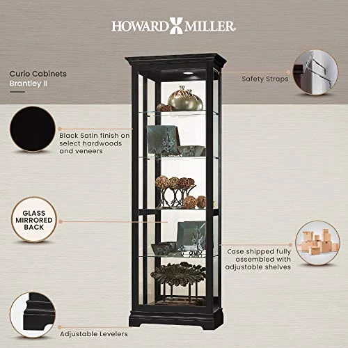 Howard Miller Brantley II Curio Cabinet 680-672 β Black Satin Finish, Vertical Home Decor, Four Glass Shelves, Five Level Display Case, No Reach Light, Sliding Doors - Image 3
