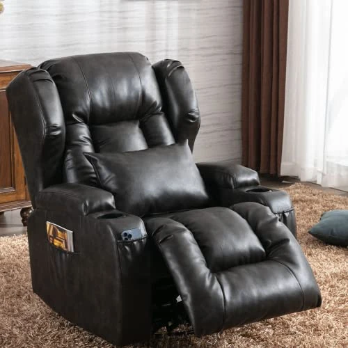 ETAGERIA Rocker Recliner Chair, 360° Swivel Glider Recliner - Ergonomic Leather Lounge Rocking Chairs For Nursery With Cup Holders/Side Pockets/Pillow For Living Room (Black Grey-1)