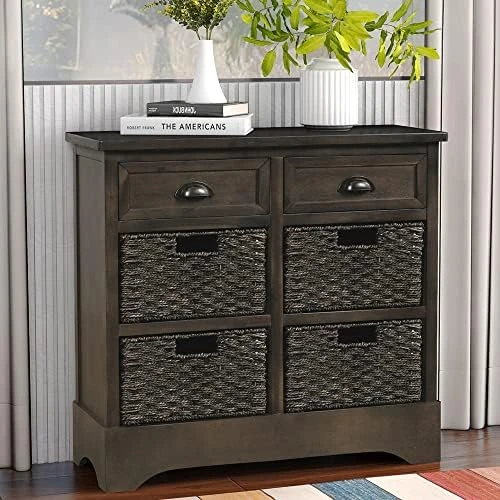 P PURLOVE Storage Cabinet Storage Unit With 2 Wood Drawers And 4 Wicker Baskets Rustic Storage Cabinet For Home Kitchen Entryway Living Room (White Washed) - Image 6