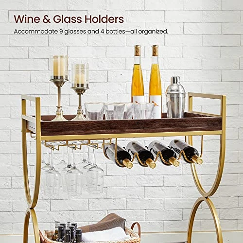 VASAGLE Bar Cart Gold, Home Bar Serving Cart, Kitchen Serving Cart With Wine Holders, Glass Holders, Wine Cart, Gold And Cherrywood Color ULRC089A24 - Image 6