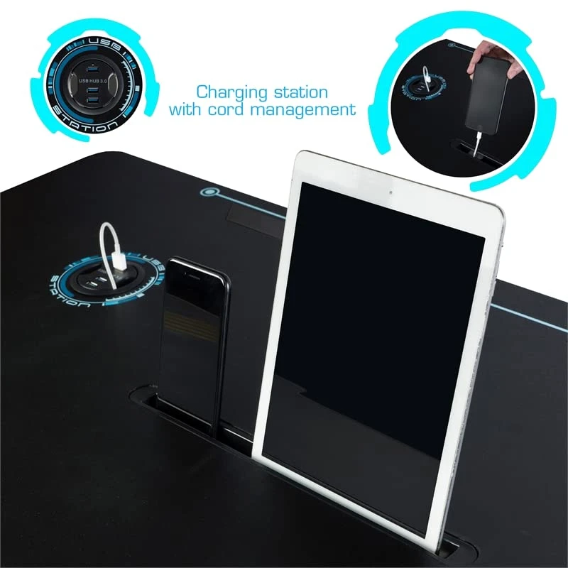 Atlantic Viper 3000 Gaming Desk β Single Laminated Surface, Heavy-Duty Steel X-Legs, Integrated LED, 3 USB 3.0 Ports, Smart Device Slot, Surge Protector Tray, Headset Hooks, PN 33906164 - Black - Image 5