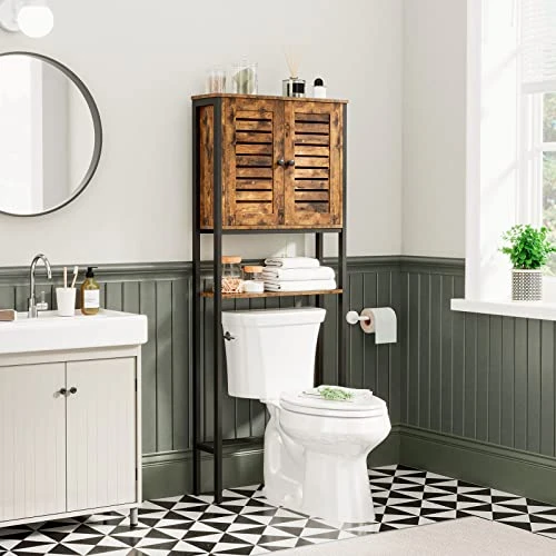 HOOBRO Over The Toilet Storage Cabinet, Bathroom Space Saver With Louver Door, Industrial Bathroom Cabinet Over Toilet, Easy To Assemble, Stable, Rustic Brown BF43TS01 - Image 2