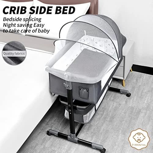 YADAQE Baby Bassinet With Mosquito Net Crib Head Sleeper, Easy To Fold Portable Crib, Quick Assembly Baby Bassinet Can Safely Sleep With (Gray) - Image 5