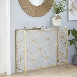 Deco 79 Metal Rectangle Console Table With Mirrored Top, 42" X 12" X 32", Gold