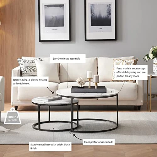 Modern Nesting Coffee Tables Set Of 2, Jepwe Round Coffee Table Faux Marble Tabletop Powder Coated Metal Frame Mid Century Wooden Accent Side Tables For Living Room Bedroom Office Balcony, White/Black - Image 2