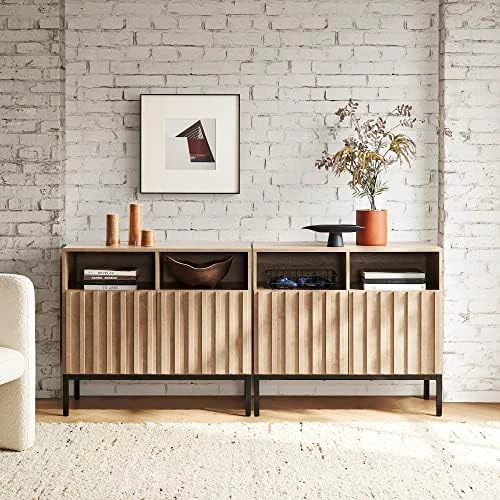 Mopio Norwin Storage Cabinet, Modern Industrial Farmhouse Entryway Accent Buffet Cabinet, Sideboard, With Metal Legs, Storage Shelves, Fluted Panel Doors, & Leveler, For Living Room, Bedroom, Oak - Image 10