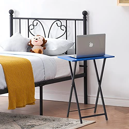 VECELO Folding TV Trays Set Of 2, Snack Eating Tables With Cup Holder, Suitable For Couch, Kitchen, Living Room And Bedroom, Stable Metal Frame, Easy Assembly And Storage, Dark Blue