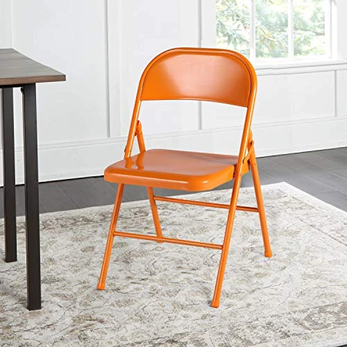 VECELO Metal Frame Folding Hold Up To 350 Pounds, Mounted Steel Chairs With Triple Braced & Double Hinged Back For Home Office, Set Of 4, Orange - Image 4