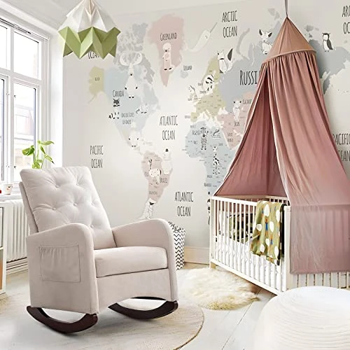 JEEOHEY Nursery Rocking Chair, Modern Upholstered Button Tufted Fabric Rocker Glider Chairs Single Sofa Armchair W/Solid Wood Legs, Side Pockets For Nursery Room, Living Room, Beige - Image 4