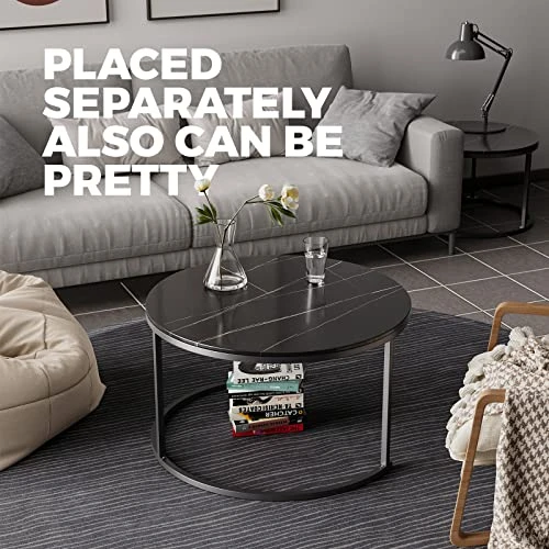 Round Nesting Coffee Table Set Of 2 Modern Living Room Nesting Table With Sintered Stone Top & Sturdy Metal Frame,Anti-Scratch/Temperature Resistance - Image 3