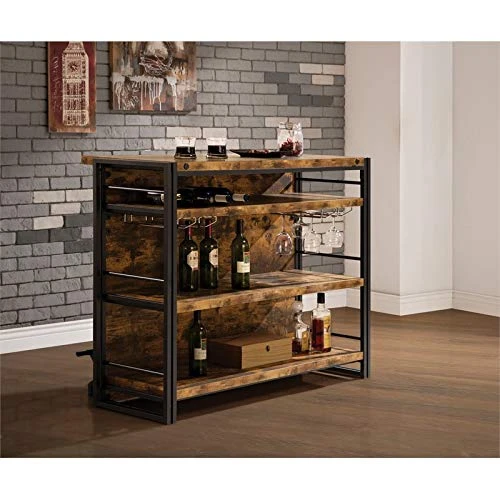BOWERY HILL Industrial Style Home Bar Counter Unit With Stemware Rack In Antique Nutmeg - Image 4