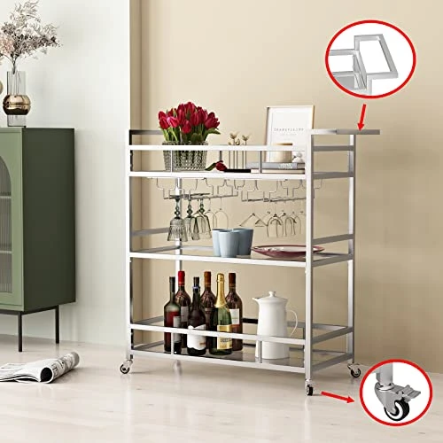 LORMITER Silver Bar Carts With 3 Tier Glass Shelves, Rolling Serving Bar Cart With Wine Rack And Glass Holder, Home Bar Carts & Wine Carts On Wheels For Kitchen, Indoor & Outdoor