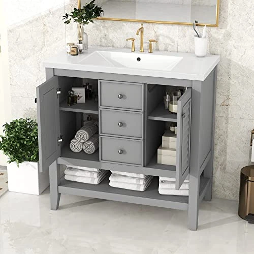 Merax 36" Bathroom Vanity With Ceramic Basin, Two Cabinets And Drawers, Open Shelf, Solid Wood Frame, Gray - Image 3